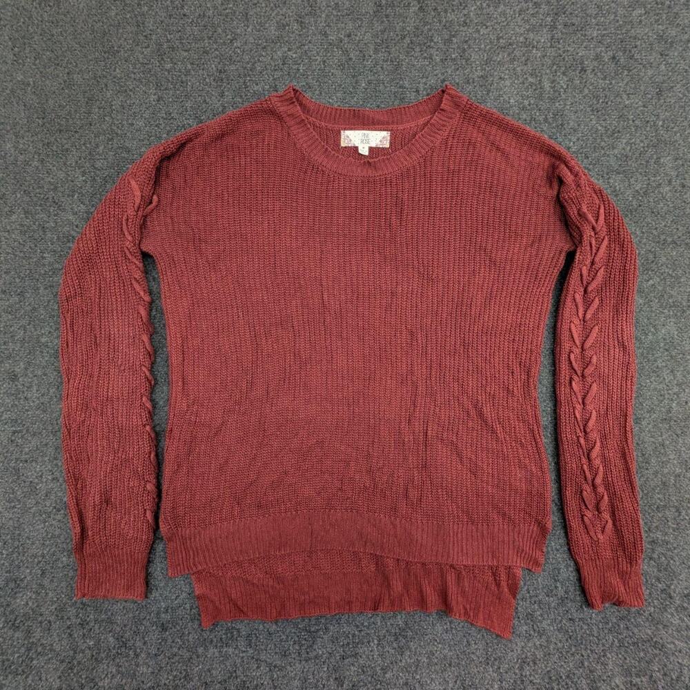 Pink Rose Sweater Womens M Red Textured Cable Knit Crew Neck Long Sleeve